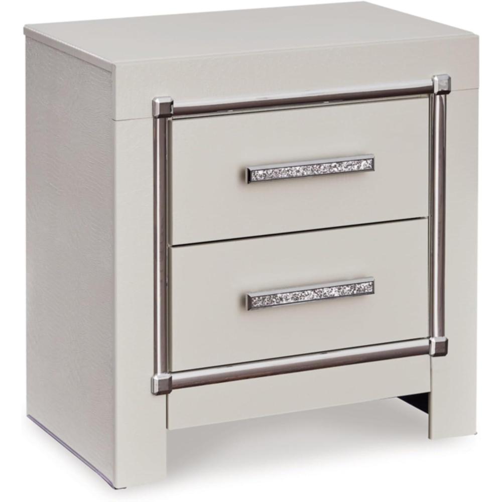 imageSignature Design by Ashley Zyniden Glam 2 Drawer Nightstand with Wireless Charging and USB Ports 2445quot Tall Beige ampamp Chrome