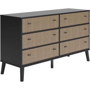 Signature Design by Ashley Charlang Modern Two-Toned 6 Drawer Dresser, Black & Light Brown(Rattan/Brown)