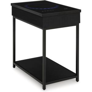 Signature Design by Ashley Gemmet Contemporary Glass-Tabletop Accent Table with Wireless Charging, USB Ports, MP3 Port, LED Lights, Tweeter Speakers and Subwoofer, Black