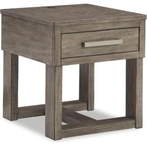 Signature Design by Ashley Loyaska Casual 1-Drawer End Table with USB Ports and Trestle Base, Gray and Light Brown