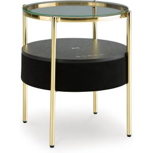 Signature Design by Ashley Nedman Modern Tempered Glass Tabletop Accent Table with Speaker, Shelf, USB and Qi Wireless Charging Options, Black & Metallic