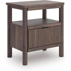Signature Design by Ashley Symarro Mid-Century Modern 1-Drawer Nightstand with USB Ports, LED Lighting and Open Shelf, Dark Brown