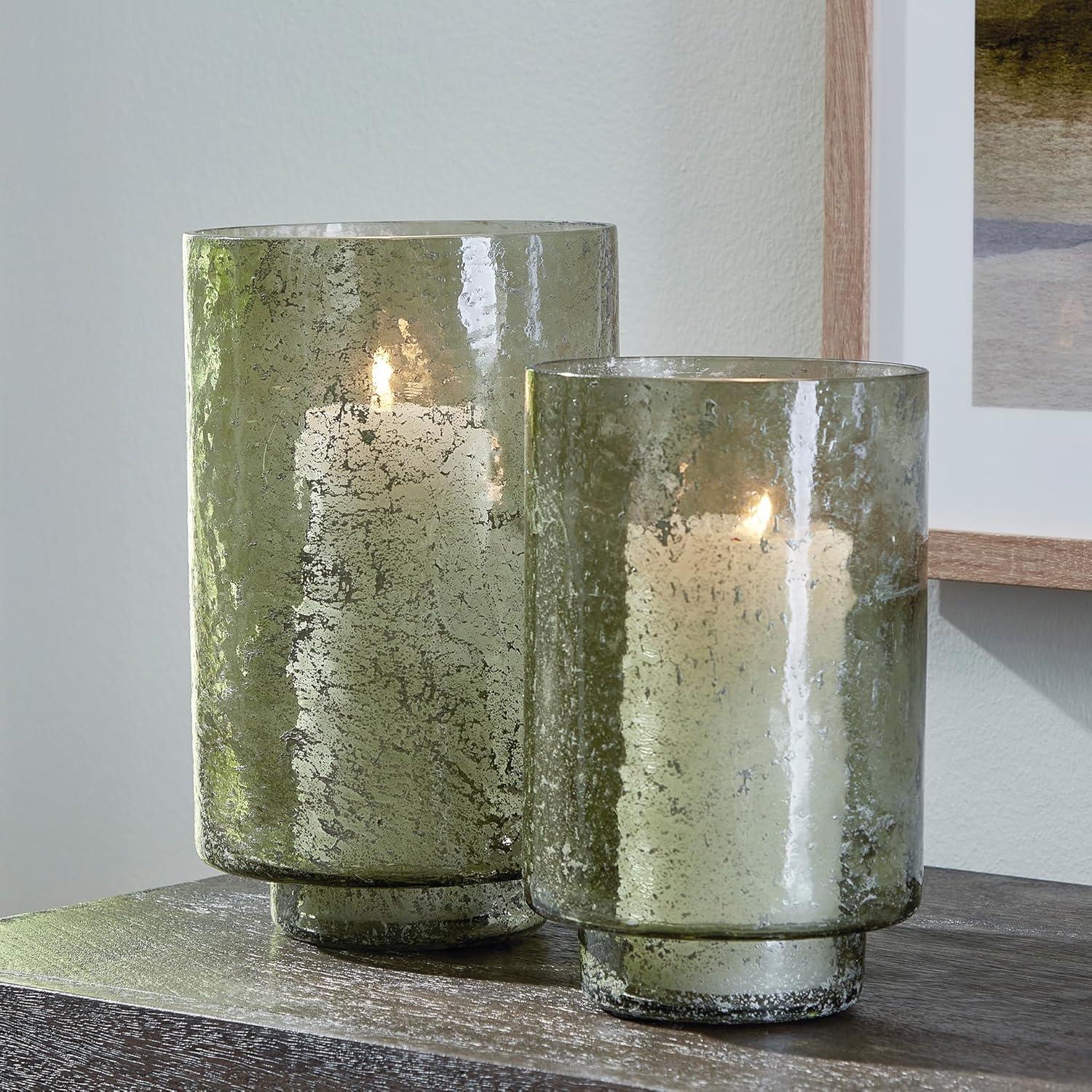 imageSignature Design by Ashley Clarkton Casual Abstract Sanded Glass Candle Holder Set for 3 Pillar Candle Set of 2 Green