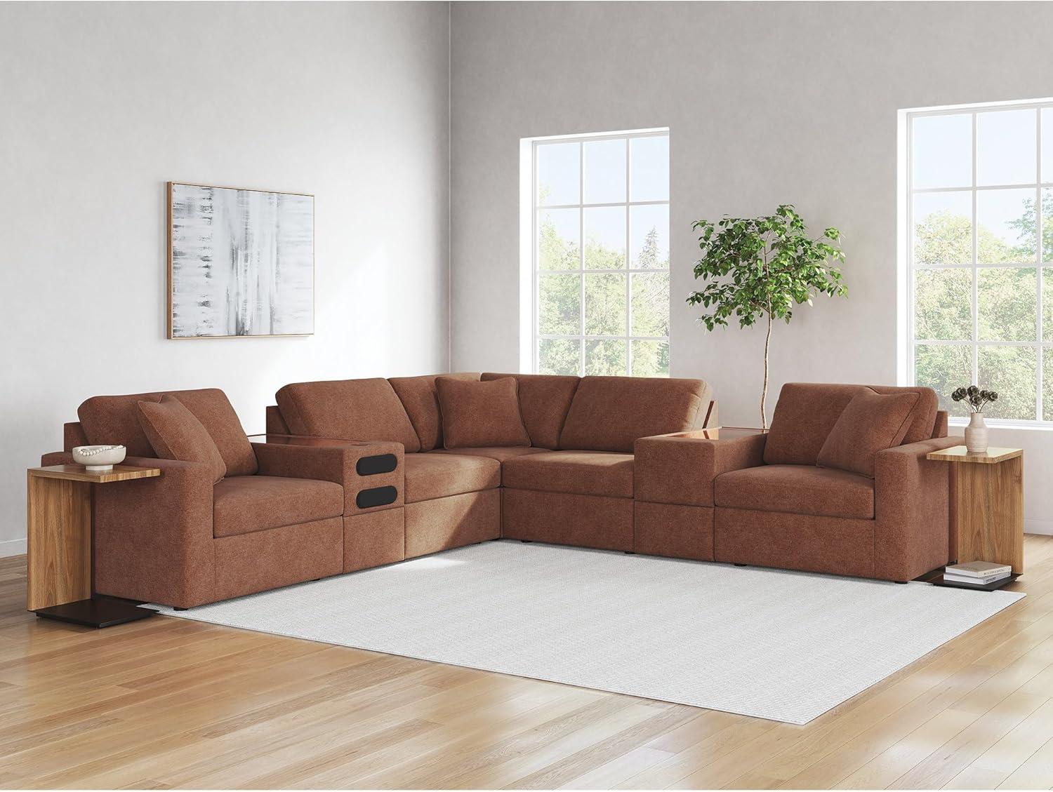 imageSignature Design by Ashley Contemporary Modmax Stain Resistant LShape RightArm Facing 6Piece Sectional with Reversible Cushion and Armrest Dark BlueBurnt Orange