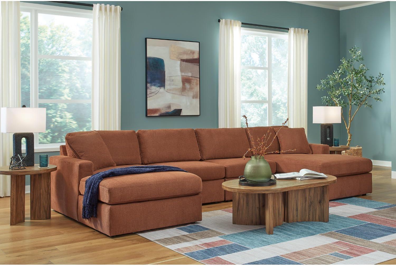 imageSignature Design by Ashley Contemporary Modmax Stain Resistant LShape RightArm Facing 6Piece Sectional with Reversible Cushion and Armrest Dark BlueBurnt Orange