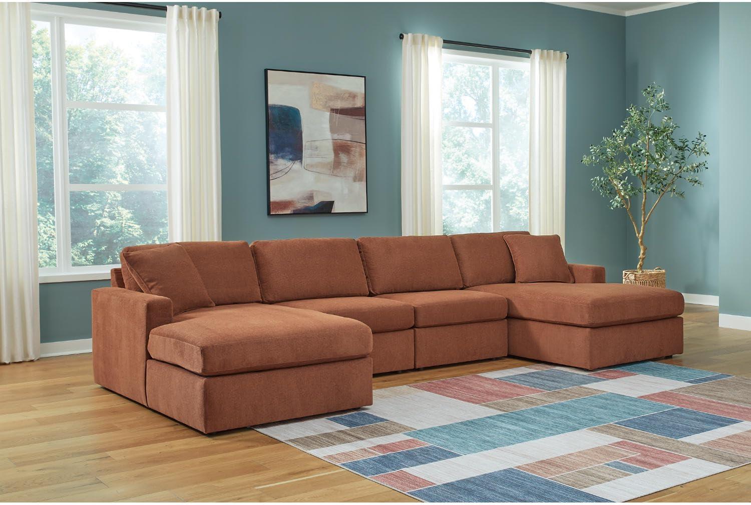 imageSignature Design by Ashley Contemporary Modmax Stain Resistant LShape RightArm Facing 6Piece Sectional with Reversible Cushion and Armrest Dark BlueBurnt Orange