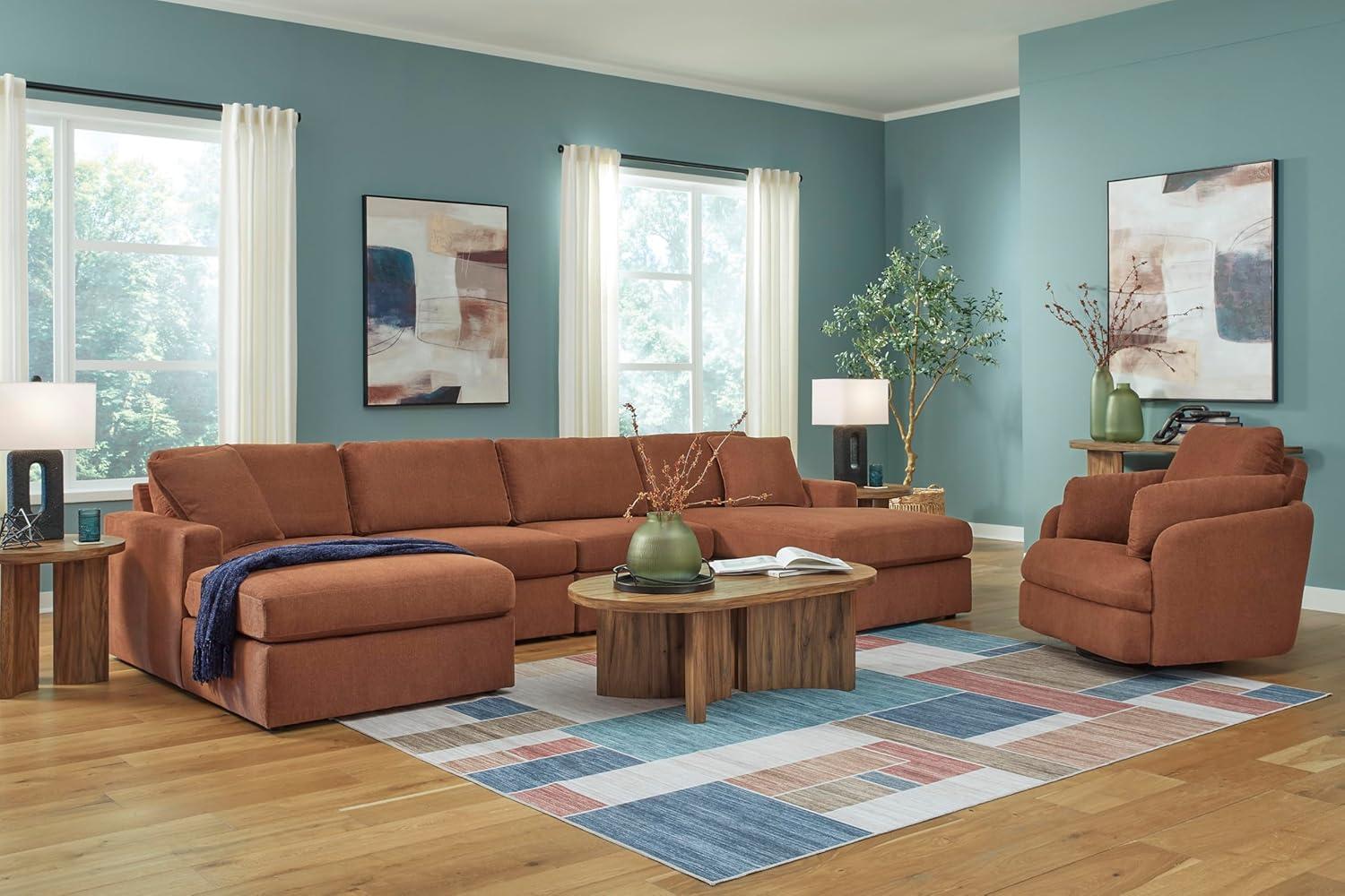 imageSignature Design by Ashley Contemporary Modmax Stain Resistant LShape RightArm Facing 6Piece Sectional with Reversible Cushion and Armrest Dark BlueBurnt Orange