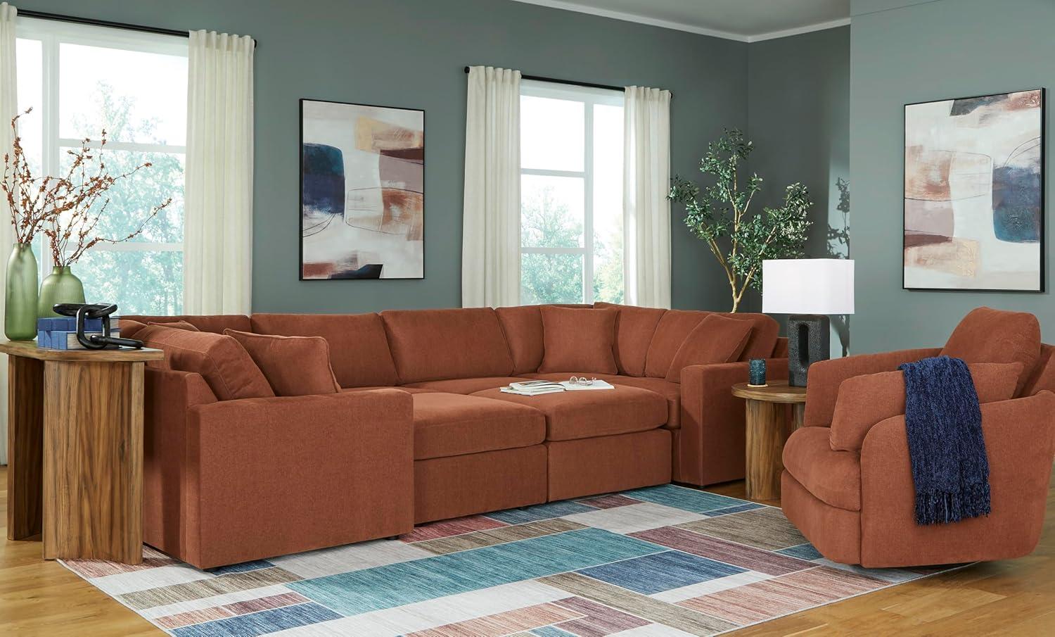 imageSignature Design by Ashley Contemporary Modmax Stain Resistant LShape RightArm Facing 6Piece Sectional with Reversible Cushion and Armrest Dark BlueBurnt Orange