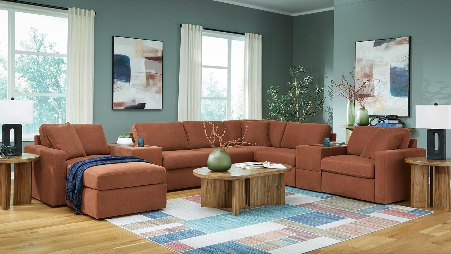 imageSignature Design by Ashley Contemporary Modmax Stain Resistant LShape RightArm Facing 6Piece Sectional with Reversible Cushion and Armrest Dark BlueBurnt Orange