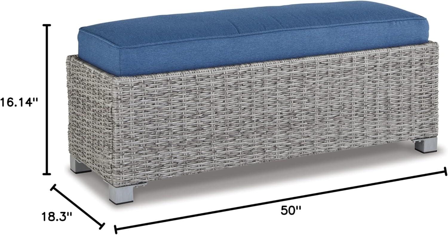 imageSignature Design by Ashley Naples Beach Casual Outdoor Bench with Cushion Nuvella Weather Resistant Fabric Light Gray ampamp Blue