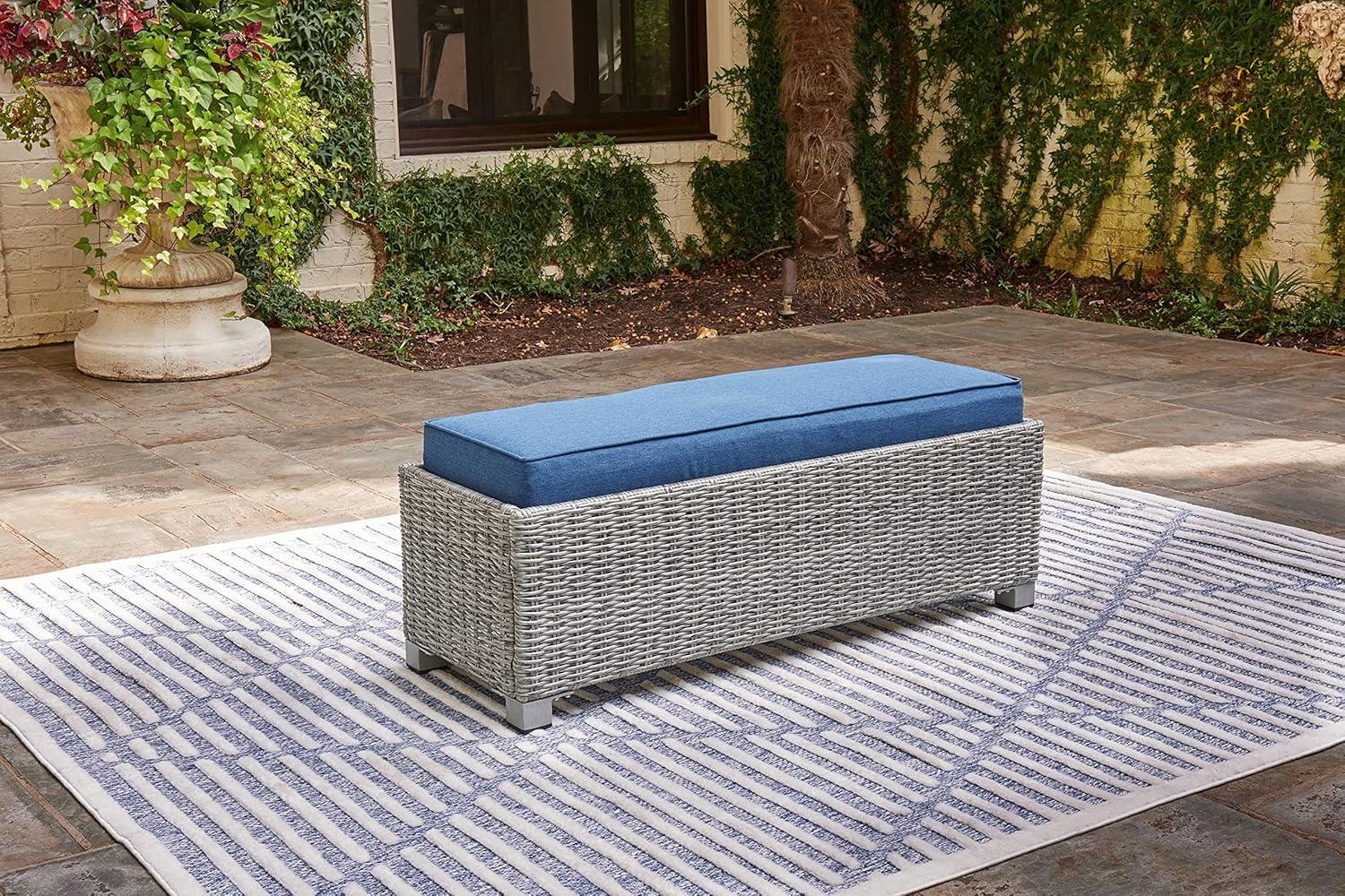 imageSignature Design by Ashley Naples Beach Casual Outdoor Bench with Cushion Nuvella Weather Resistant Fabric Light Gray ampamp Blue