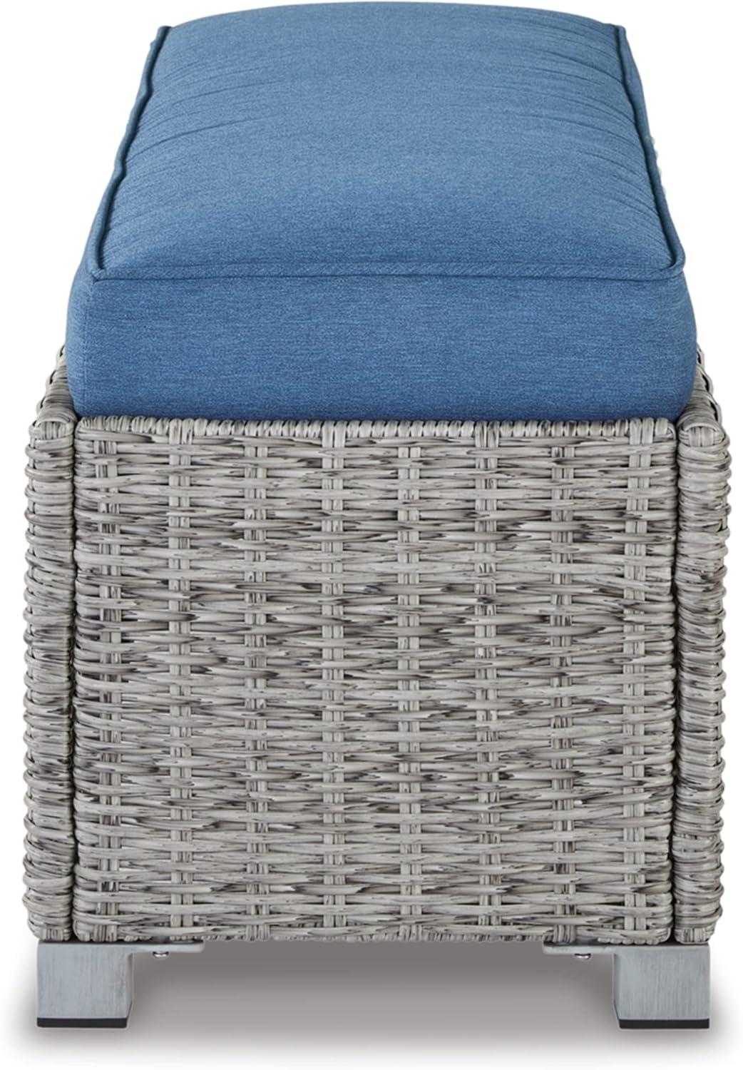 imageSignature Design by Ashley Naples Beach Casual Outdoor Bench with Cushion Nuvella Weather Resistant Fabric Light Gray ampamp Blue