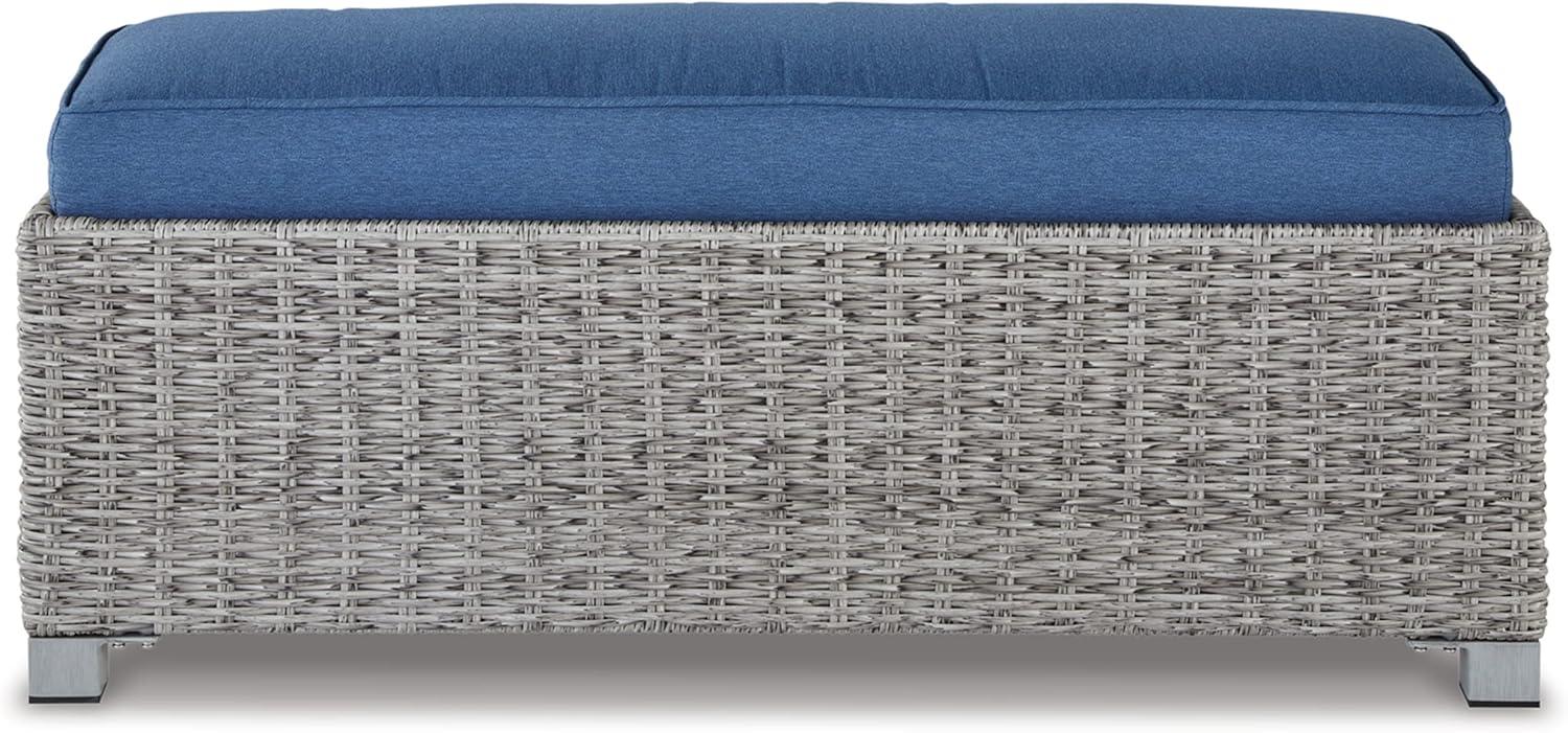 imageSignature Design by Ashley Naples Beach Casual Outdoor Bench with Cushion Nuvella Weather Resistant Fabric Light Gray ampamp Blue