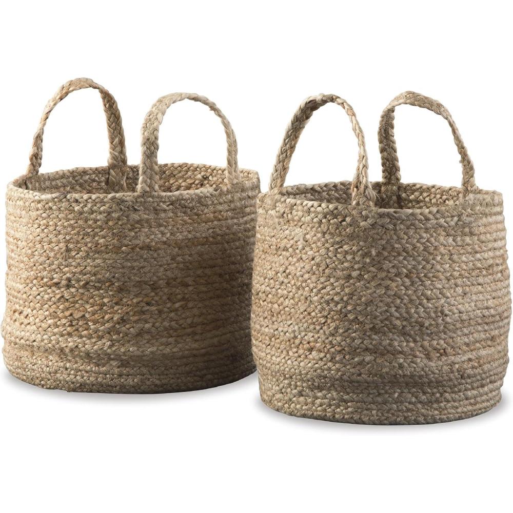 imageSignature Design by Ashley Brayton Jute 2 Piece Braided Basket Set With Handles Large Basket 14quot W x 14quot D x 11quot H Medium Basket 12quot W x 12quot D x 10quot H Light BrownNatural