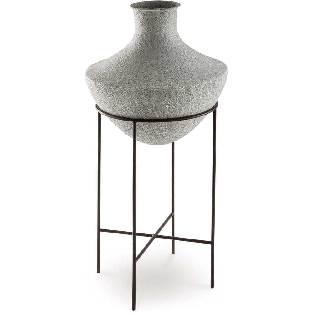 imageSignature Design by Ashley Estonbank Casual Indoor Distressed Metal Floor Vase with Stand White ampamp BlackLarge