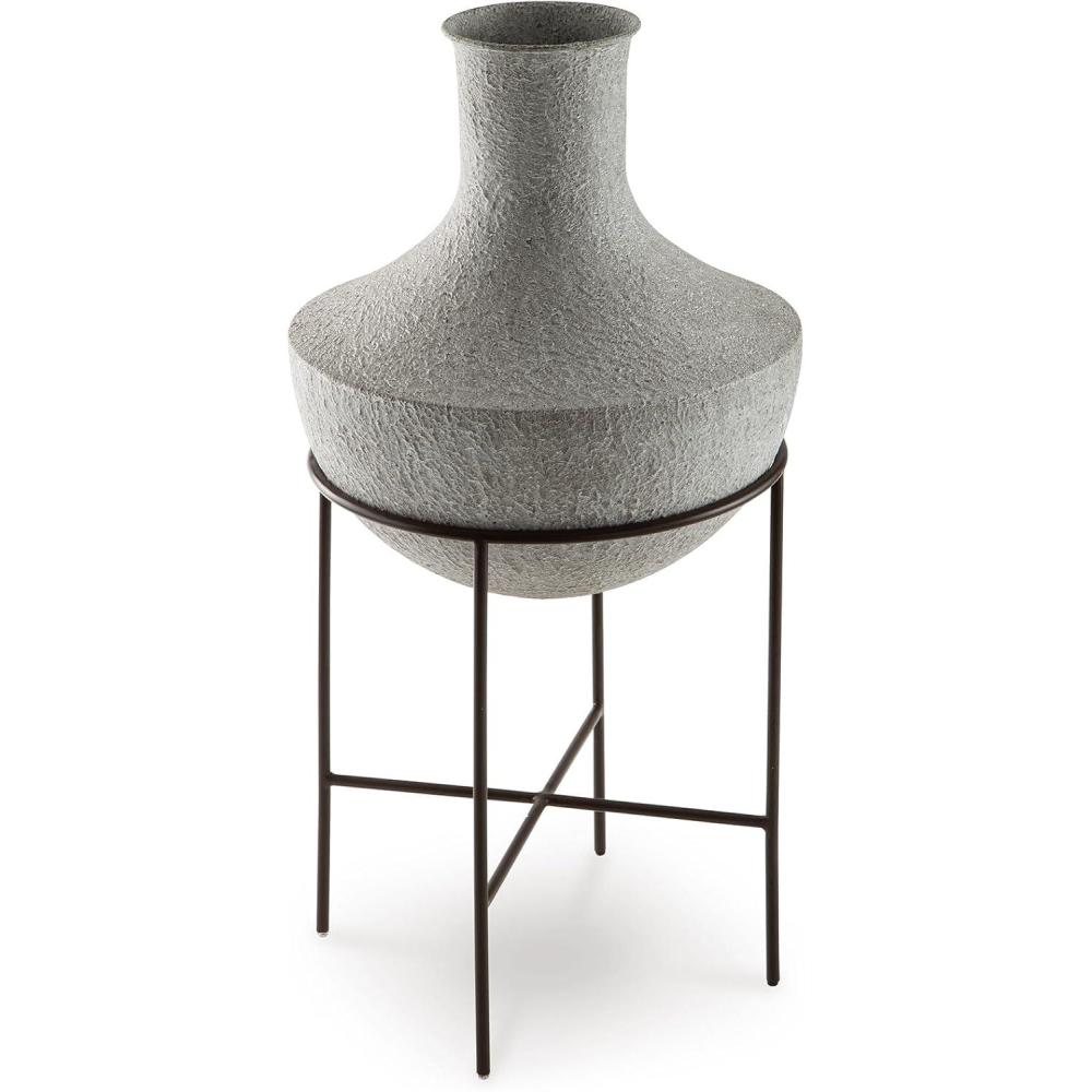 imageSignature Design by Ashley Estonbank Casual Indoor Distressed Metal Floor Vase with Stand White ampamp BlackMedium