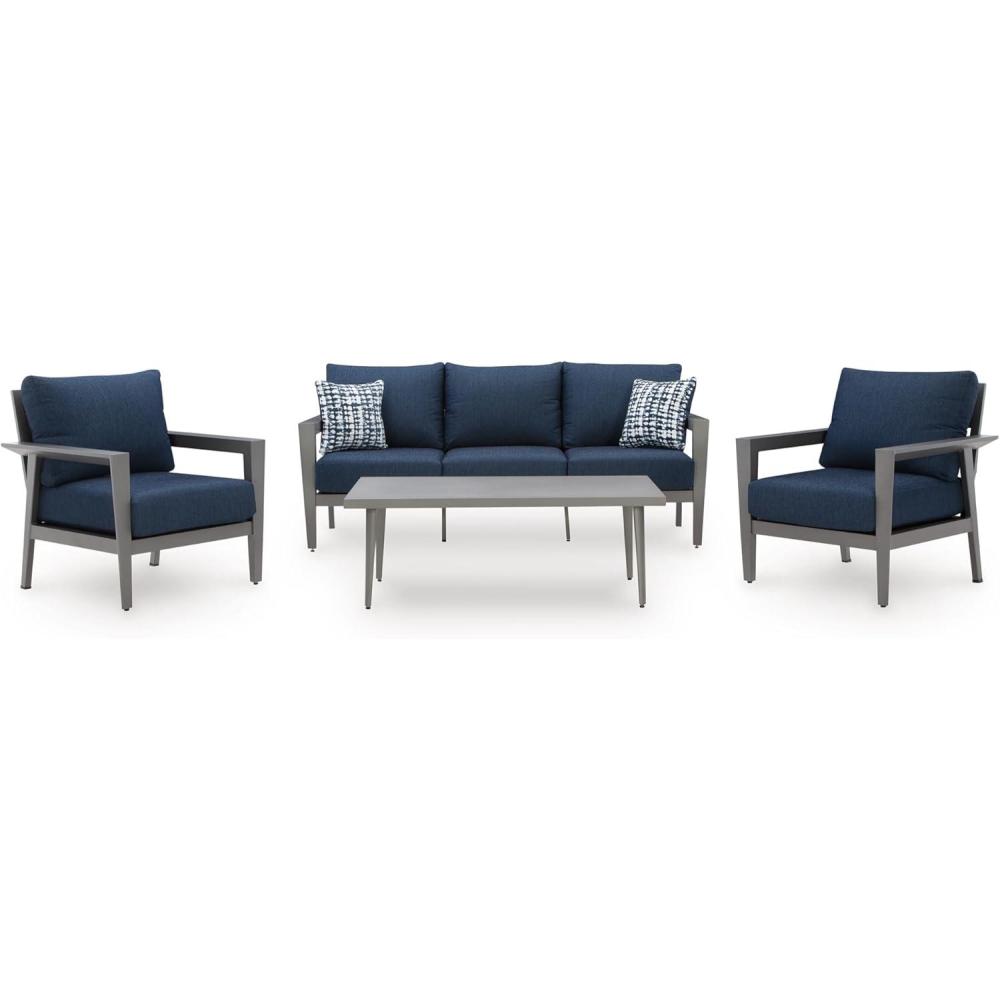 imageSignature Design by Ashley Gali Casual Nuvella Weather Resistant Fabric Outdoor SofaChairsTable Set with Cushion and Throw Pillows Set of 4 Blue ampamp Light Gray