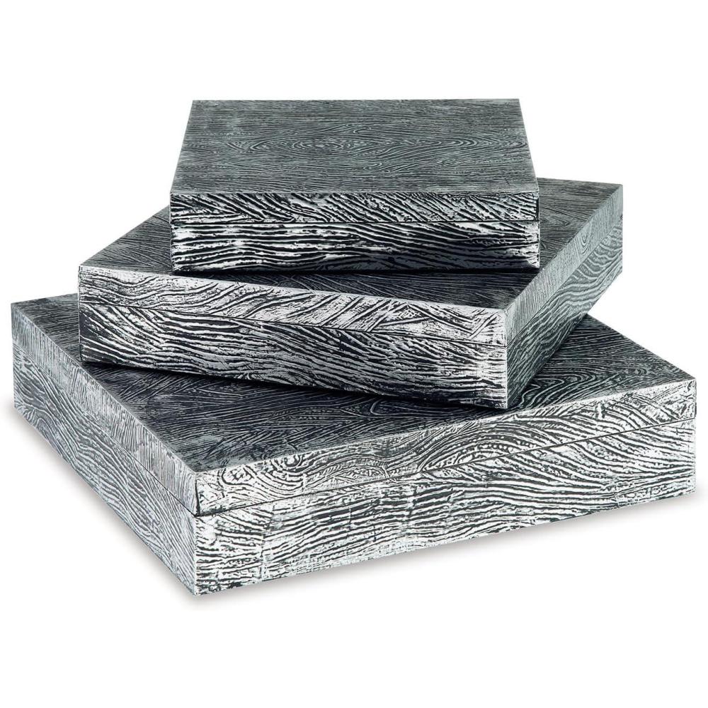imageSignature Design by Ashley Keldy Modern 3 Piece Metal ampamp Wood Storage Box Set Antique GrayPewter