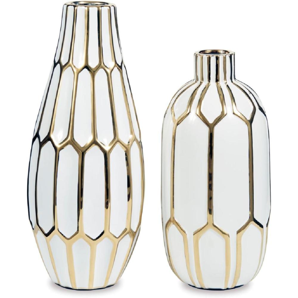 imageSignature Design by Ashley Mohsen Honeycomb Ceramic 2 Piece Bottle Neck Vase Set White ampamp Gold