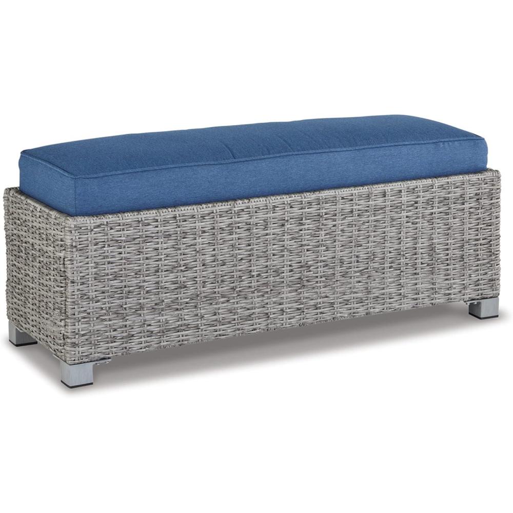 imageSignature Design by Ashley Naples Beach Casual Outdoor Bench with Cushion Nuvella Weather Resistant Fabric Light Gray ampamp Blue