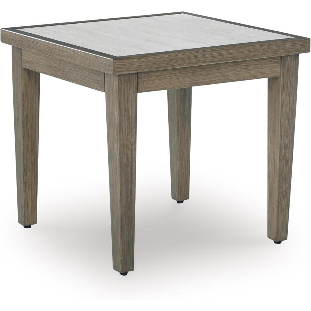 imageSignature Design by Ashley Rainier Ranch Contemporary Sintered Stone Tabletop Outdoor End Table with 4 Legs Light Brown ampamp Beige