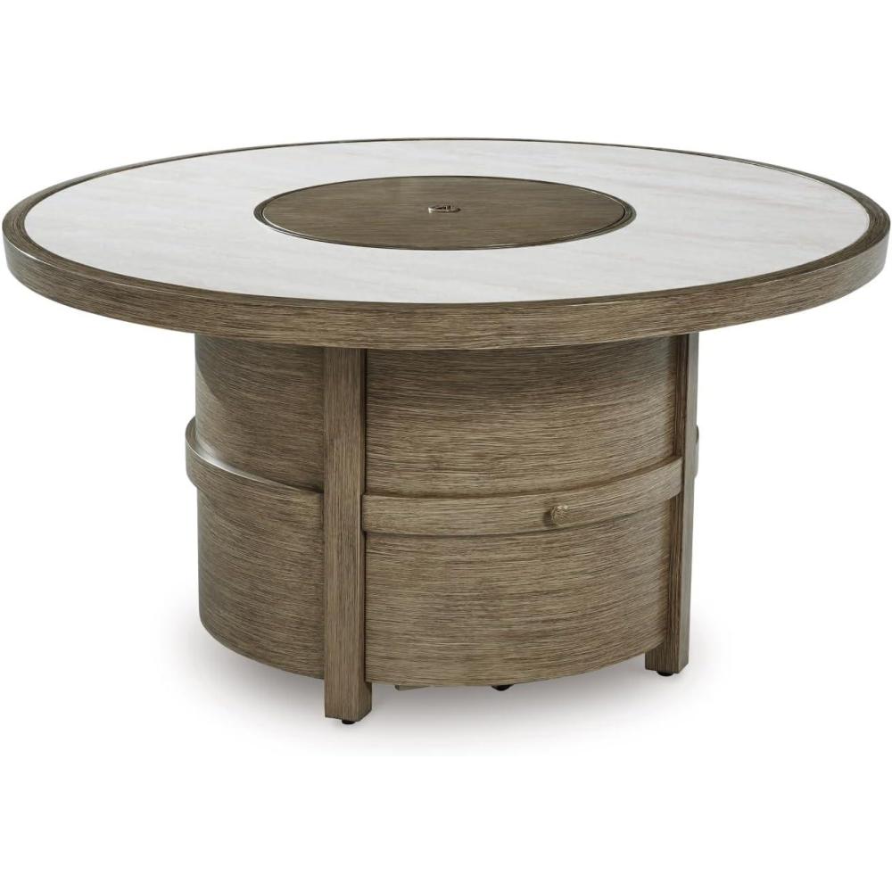 imageSignature Design by Ashley Rainier Ranch Contemporary Sintered Stone Tabletop Outdoor Fire Pit Table with Pedestal Base Light Brown ampamp Beige