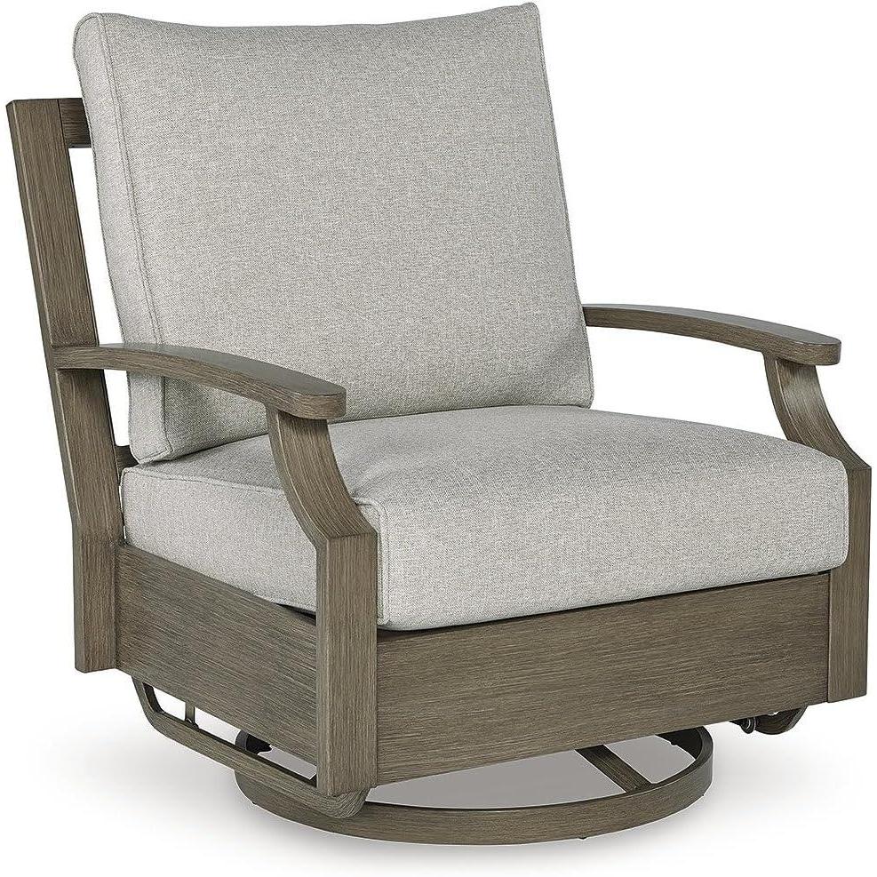 imageSignature Design by Ashley Rainier Ranch Contemporary Weather Resistant Outdoor Coffee Table with Sintered Stone Top Light Brown ampamp BeigeOutdoor Swivel Glider Chair with Cushion