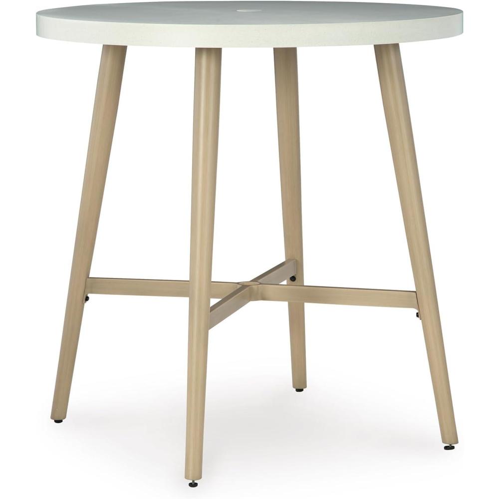 imageSignature Design by Ashley Seton Creek Casual Outdoor Bar Table with Umbrella Hole Beige ampamp WhiteOutdoor Bar Table