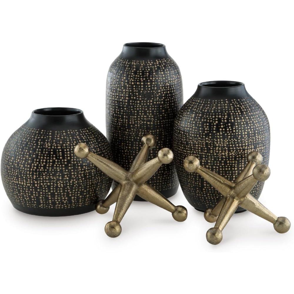 imageSignature Design by Ashley Vinburn Contemporary Indoor Metal Dots Vase and Sculpture Accessory Set Set of 5 Black ampamp MetallicBlackGold Finish