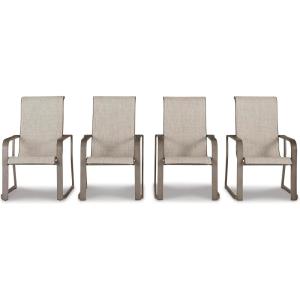 Signature Design by Ashley Beach Front Casual Outdoor Stackable Faux Leather Sling Arm Chair, Set of 4, Light Brown