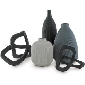 Signature Design by Ashley Leithick Contemporary Polyresin Vase and Sculpture 12.5“ Accessory Set, Set of 5, Black & Gray