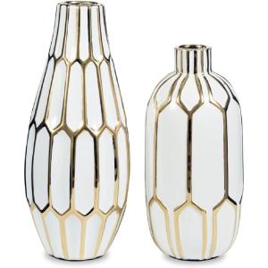 Signature Design by Ashley Mohsen Honeycomb Ceramic 2 Piece Bottle Neck Vase Set, White & Gold