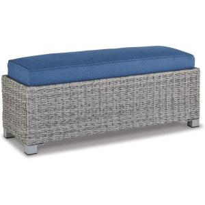 Signature Design by Ashley Naples Beach Casual Outdoor Bench with Cushion, Nuvella Weather Resistant Fabric, Light Gray & Blue