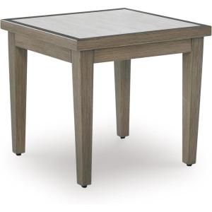 Signature Design by Ashley Rainier Ranch Contemporary Sintered Stone Tabletop Outdoor End Table with 4 Legs, Light Brown & Beige