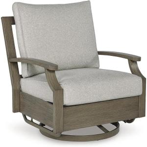 Signature Design by Ashley Rainier Ranch Contemporary Weather Resistant Outdoor Coffee Table with Sintered Stone Top, Light Brown & Beige(Outdoor Swivel Glider Chair with Cushion)