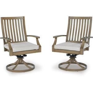 Signature Design by Ashley Rainier Ranch Contemporary Weather Resistant Outdoor Coffee Table with Sintered Stone Top, Light Brown & Beige(Outdoor Swivel Chair with Cushion (Set of 2))