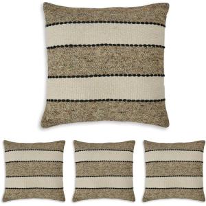 Signature Design by Ashley Rueford Antique Indoor Striped 20 x 20 Inches Pillow with Zipper Closure, Beige & Dark Brown(Square (Pack of 4))
