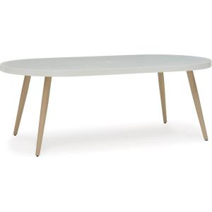 Signature Design by Ashley Seton Creek Casual Aluminum Outdoor Dining Table with Umbrella Hole and Cover Cap, White & Light Brown