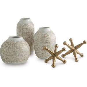 Signature Design by Ashley Vinburn Contemporary Indoor Metal Dots Vase and Sculpture Accessory Set, Set of 5, Black & Metallic(White/Gold Finish)