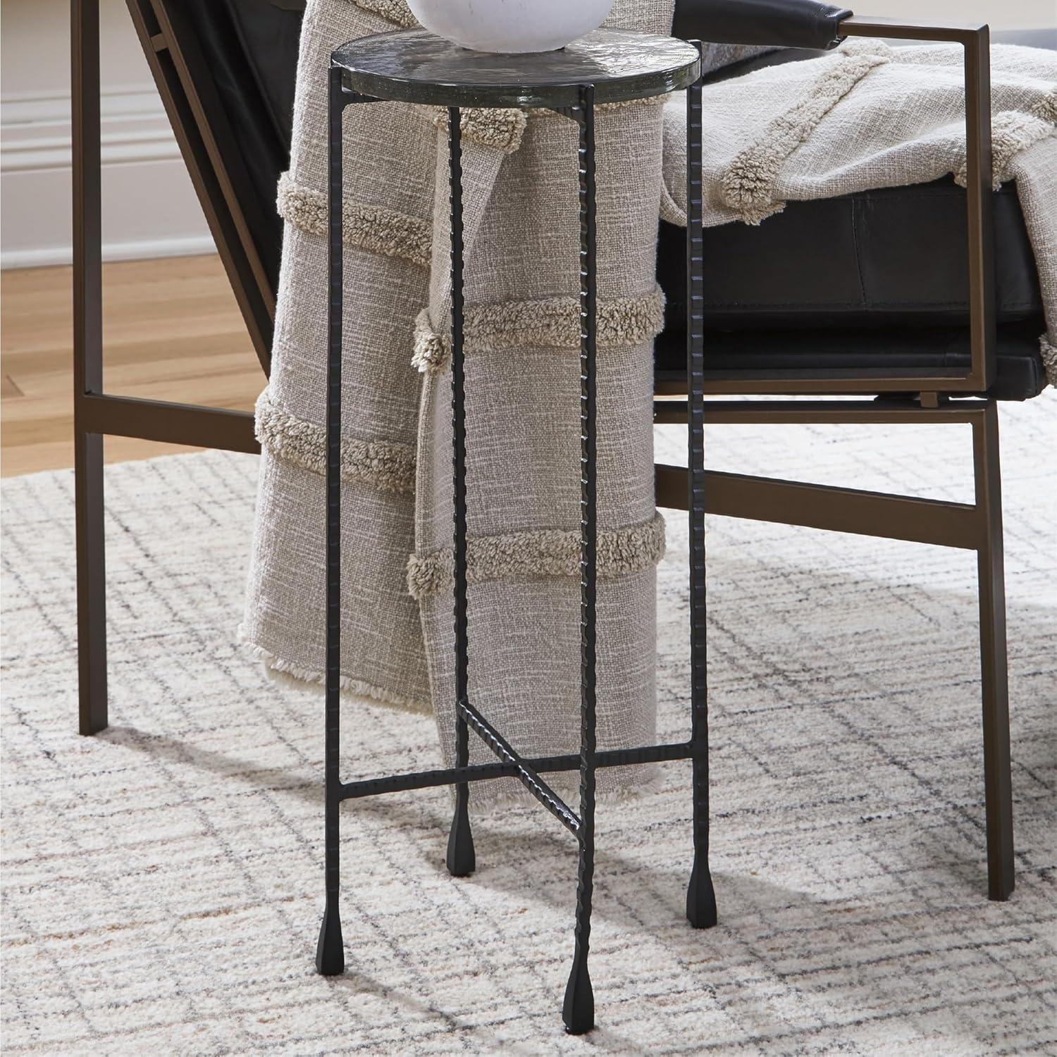 imageSignature Design by Ashley Newgoren Industrial Glass Tabletop Accent Table with Patterned Rod Legs Black ampamp Glass