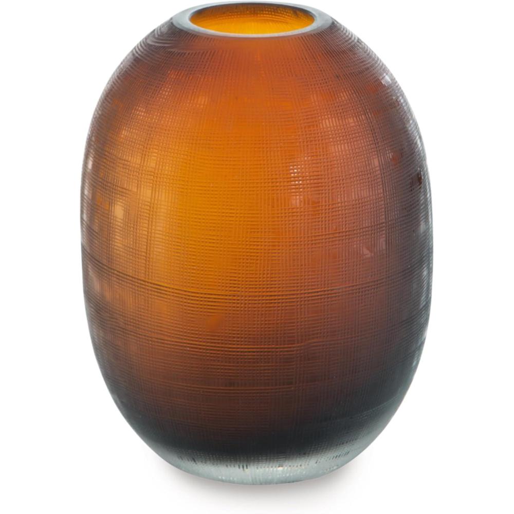imageSignature Design by Ashley Embersen Contemporary 11quot Vase with Grid Texture Tabletop Vase Yellow Orange ampamp BrownDark Brown