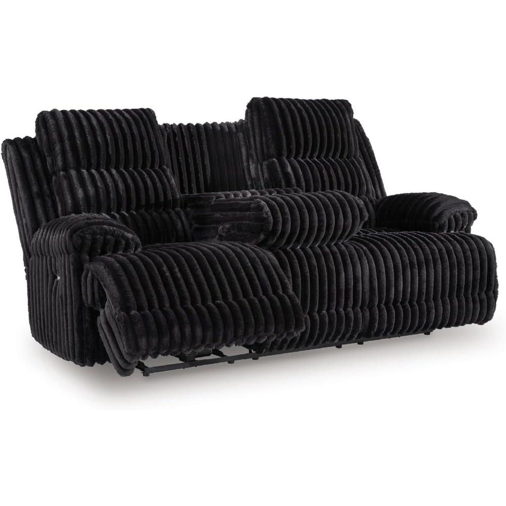 imageSignature Design by Ashley Higgesbee Contemporary DualSided Power Reclining Sofa with Drop Down Table USB Charging Port and 2 Cup Holders Light GrayBlack