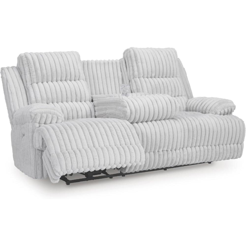 imageSignature Design by Ashley Higgesbee Contemporary DualSided Power Reclining Sofa with Drop Down Table USB Charging Port and 2 Cup Holders Light GrayLight Gray