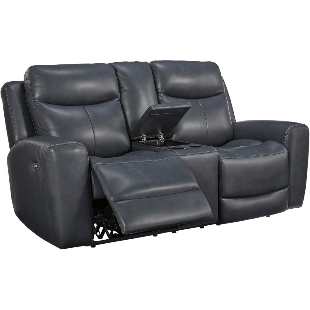 imageSignature Design by Ashley Mighty Moves Contemporary Power Leather Match Reclining Loveseat with Console Adjustable Headrest and USB Charging Ports Blue