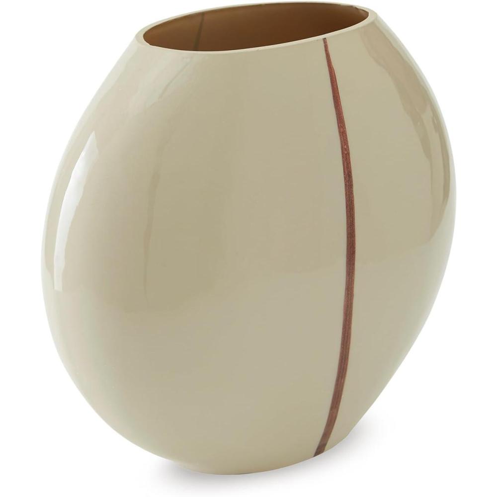 imageSignature Design by Ashley Sheabourne Contemporary Indoor 13quot Hand Painted Enameled Glass Tabletop Vase with Wide Mouth Beige ampamp Dark Brown9