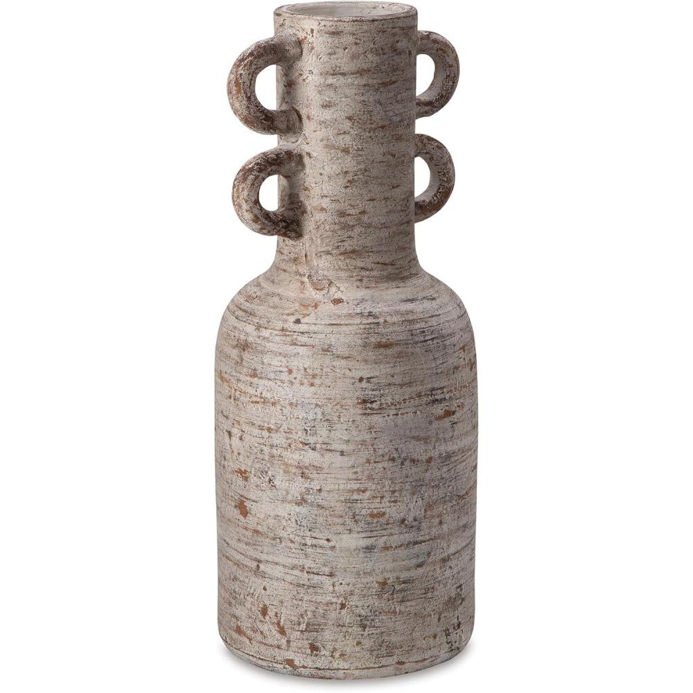 imageSignature Design by Ashley Wellbridge Traditional Indoor Abstract Terra Cotta Tabletop Vase with Handle White ampamp Light Brown