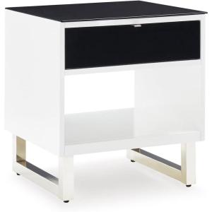 Signature Design by Ashley Gardoni Modern Glass-Tabletop End Table with 1 Drawer, Open Shelf, and High Gloss Finish, White & Black