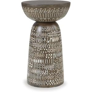 Signature Design by Ashley Hadcher Eclectic Accent Table with Carved Floral Design, Beige & Light Brown