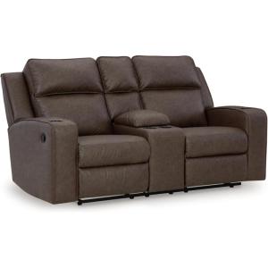 Signature Design by Ashley Lavenhorne Contemporary Faux Leather Manual Reclining Loveseat with Console and Cup Holders, Beige(Dark Brown)