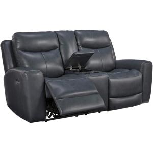 Signature Design by Ashley Mighty Moves Contemporary Power Leather Match Reclining Loveseat with Console, Adjustable Headrest and USB Charging Ports, Blue